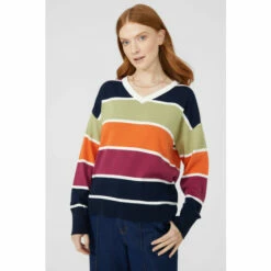 Maine Block Stripe Button Cotton V Neck Jumper For Female