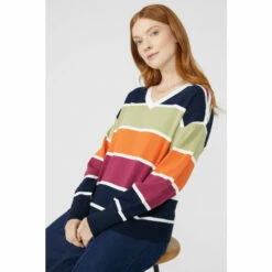 Maine Block Stripe Button Cotton V Neck Jumper For Female -Maine New England Shop unnamed file 1124