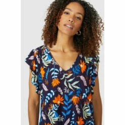 Maine Frill Sleeve Leafy Floral Print V Neck Top For Female -Maine New England Shop unnamed file 1267