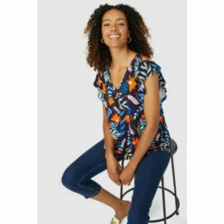 Maine Frill Sleeve Leafy Floral Print V Neck Top For Female -Maine New England Shop unnamed file 1269