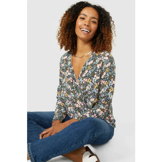 Maine Wrap Front ¾ Sleeve Ditsy Print Top For Female 3 Maine Wrap Front ¾ Sleeve Ditsy Print Top For Female