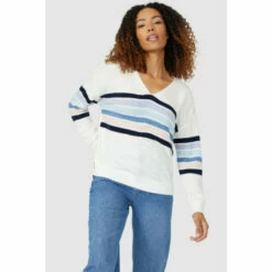 Maine Placement Stripe & Sleeve V Neck Jumper For Female
