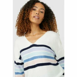 Maine Placement Stripe & Sleeve V Neck Jumper For Female -Maine New England Shop unnamed file 183