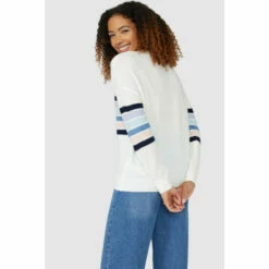 Maine Placement Stripe & Sleeve V Neck Jumper For Female -Maine New England Shop unnamed file 184