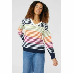 Maine Multi Stripe Cotton V Neck Jumper For Female -Maine New England Shop unnamed file 2151