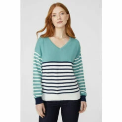 Maine Stripe Sleeve Plain Yoke Cotton Jumper For Female