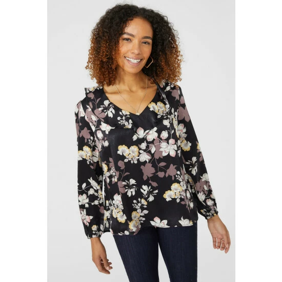 Maine Satin Floral Printed Frill Blouse For Female 3 Maine Satin Floral Printed Frill Blouse For Female
