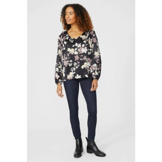 Maine Satin Floral Printed Frill Blouse For Female 4 Maine Satin Floral Printed Frill Blouse For Female - Image 2