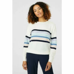 Maine Placement Stripe & Sleeve Crew Neck Jumper For Female