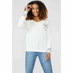Maine Stripe Pocket & Cuff Cotton V Neck Jumper For Female