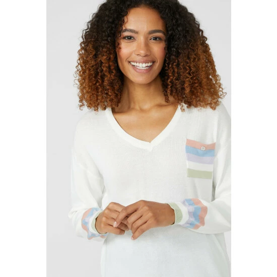 Maine Stripe Pocket & Cuff Cotton V Neck Jumper For Female 5 Maine Stripe Pocket & Cuff Cotton V Neck Jumper For Female - Image 3