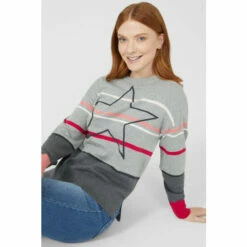 Maine Star Intarsia Stripe Cotton Crew Neck Jumper For Female -Maine New England Shop unnamed file 3239