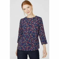 Maine Floral Printed Keyhole Scoop Neck Top For Female