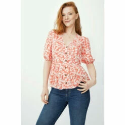 Maine Leafy Floral Print Frill Hem Top For Female