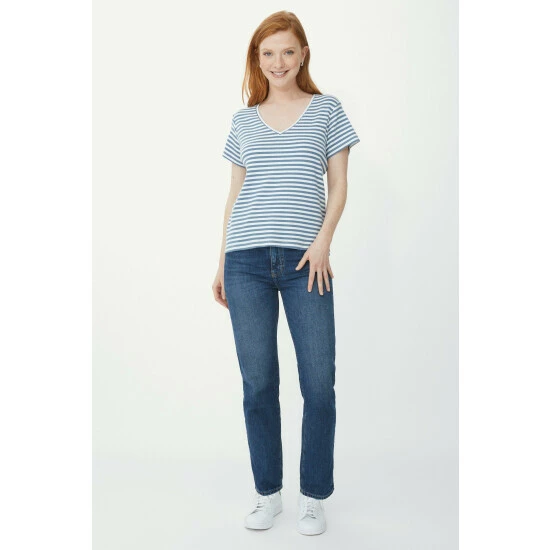 Maine Striped Curved Hem V Neck T-shirt For Female 4 Maine Striped Curved Hem V Neck T-shirt For Female - Image 2