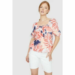 Maine Big Leaves Tie Hem Square Neck Smock Top For Female -Maine New England Shop unnamed file 4207