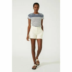 Maine Tile Print Yoke Stripe Crew Neck Top For Female