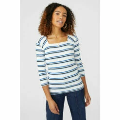 Maine Square Neck Rib Stripe Tee For Female