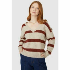 Maine Cable Stripe V Neck Jumper For Female