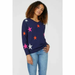 Maine All Over Star Intarsia V Neck Jumper For Female -Maine New England Shop unnamed file 718