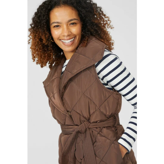 Maine Shawl Collar Belted Quilted Short Gilet For Female 5 Maine Shawl Collar Belted Quilted Short Gilet For Female - Image 3