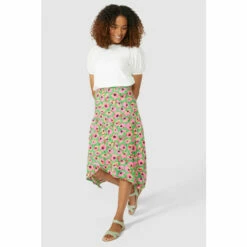 Maine Fushia Flower Print Mock Wrap Skirt For Female