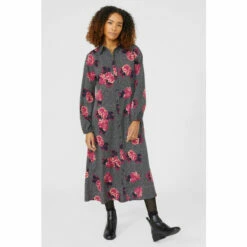 Maine Bold Flower Printed Midi Shirt Dress For Female